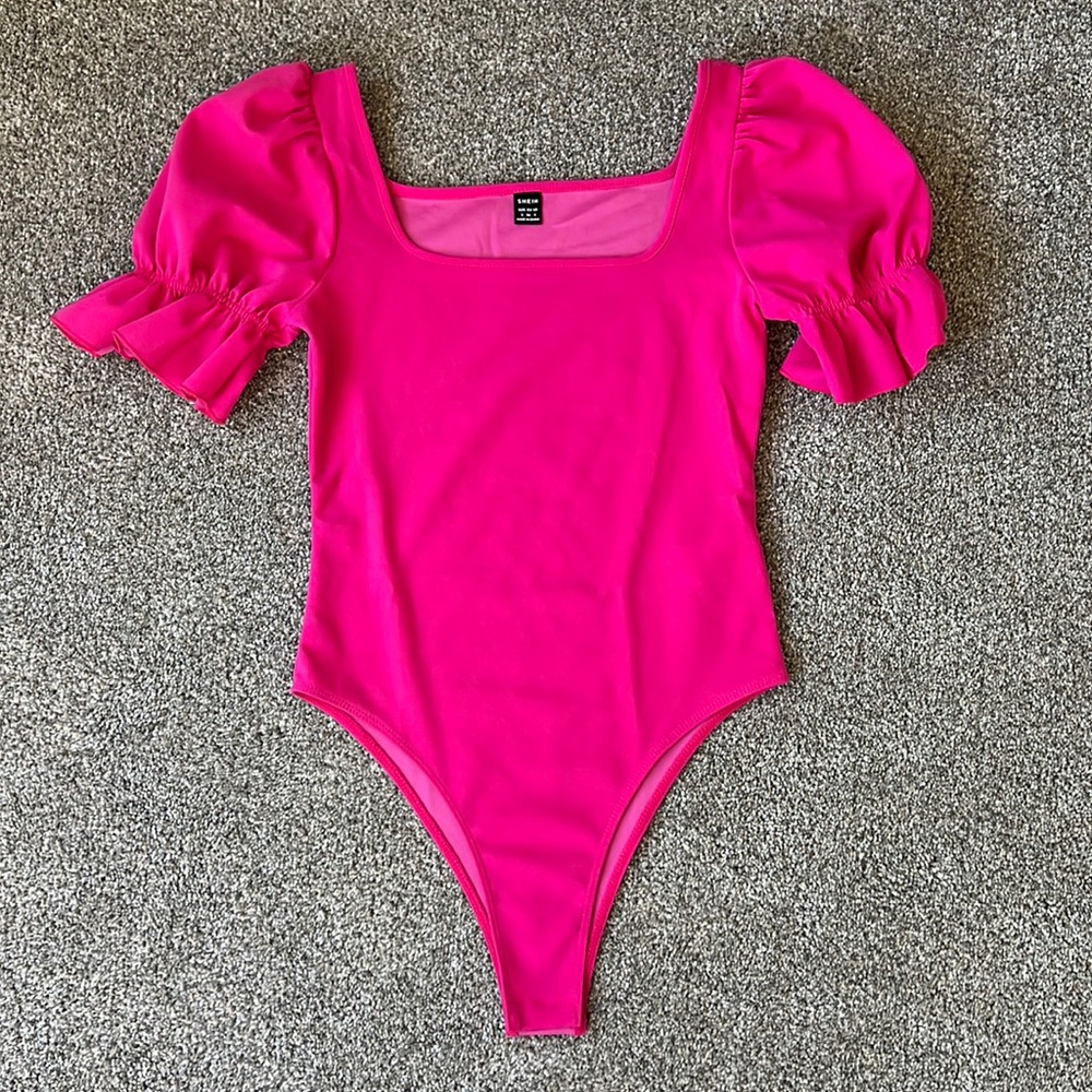 Hot Pink Ruffle Puff Sleeve Bodysuit Small